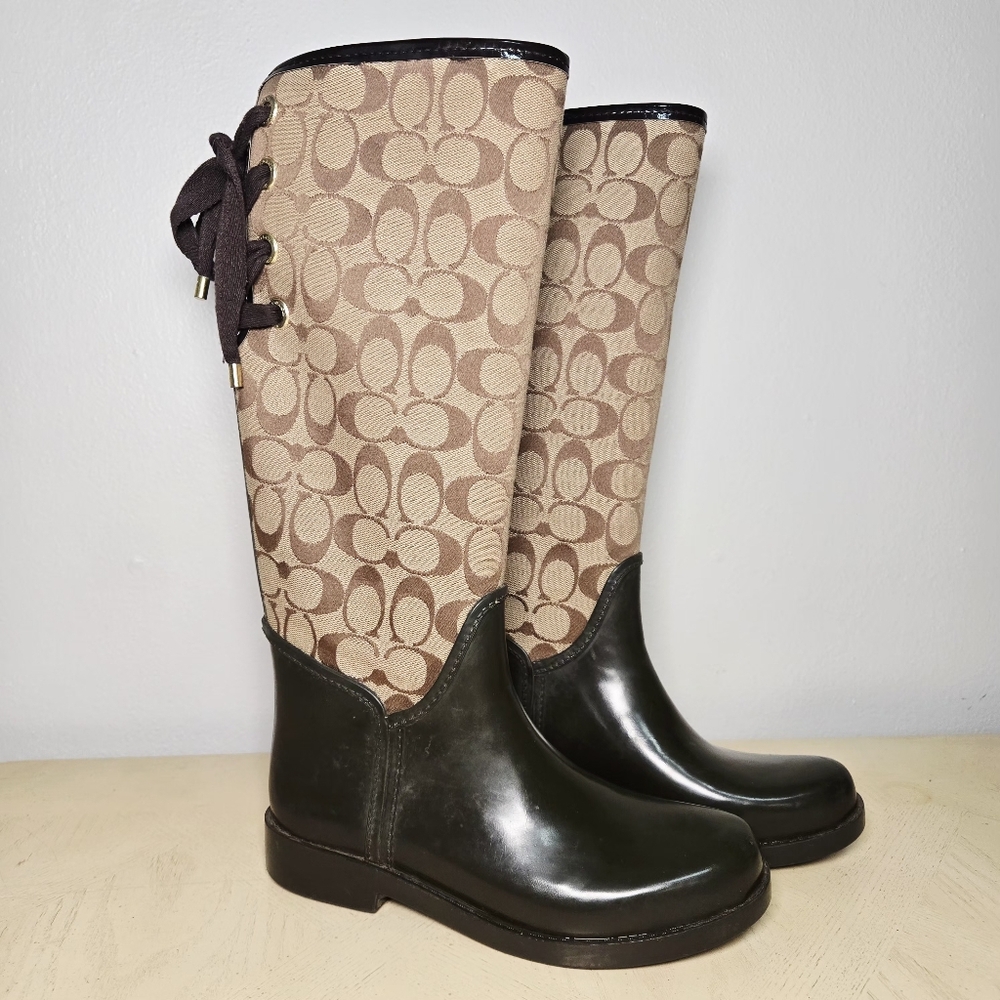 Coach Tristee Rain Boots Womens 7B  EU37 Knee High Logo Canvas 16"